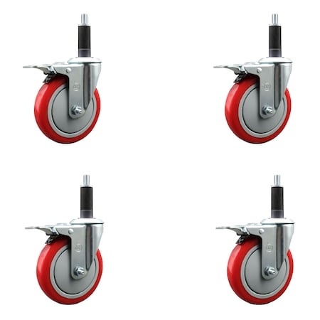 Service Caster 5'' SS Red Poly Swivel 1'' Expanding Stem Caster Set Total Lock Brake, 4PK SCC-SSEXTTL20S514-PPUB-RED-1-4